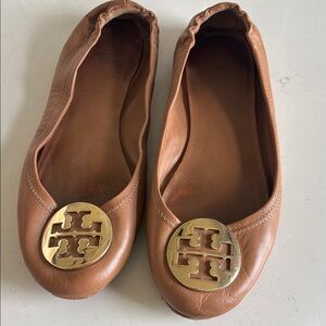 Tory Burch Brown Leather Flats with Gold Emblem
